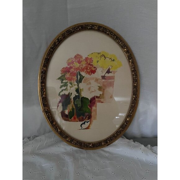 Vintage Oval Floral Watercolor Flower Pots on Steps In Ornate Gold Frame - Picture 10 of 12